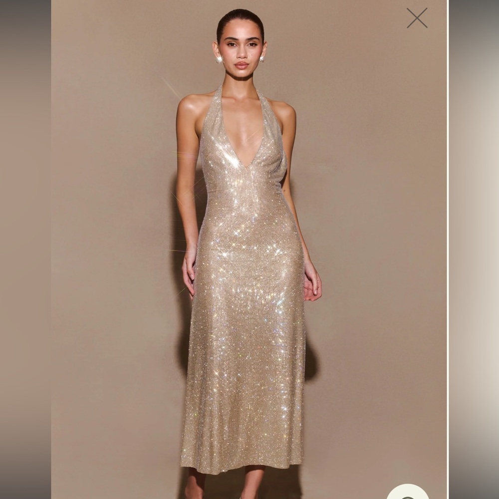 Meshki Genie Diamante Halter Midi Dress - Sparkly Silver Bachelorette